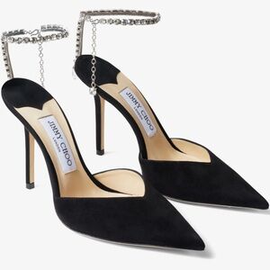 Jimmy Choo Saeda 100 Black Crystal Pumps Heels Sandals IT 38.5 US8.5